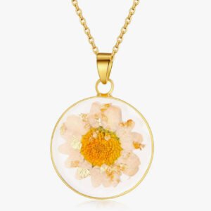 Gold Pressed Flower Necklace with Forget-Me-Not and Queen